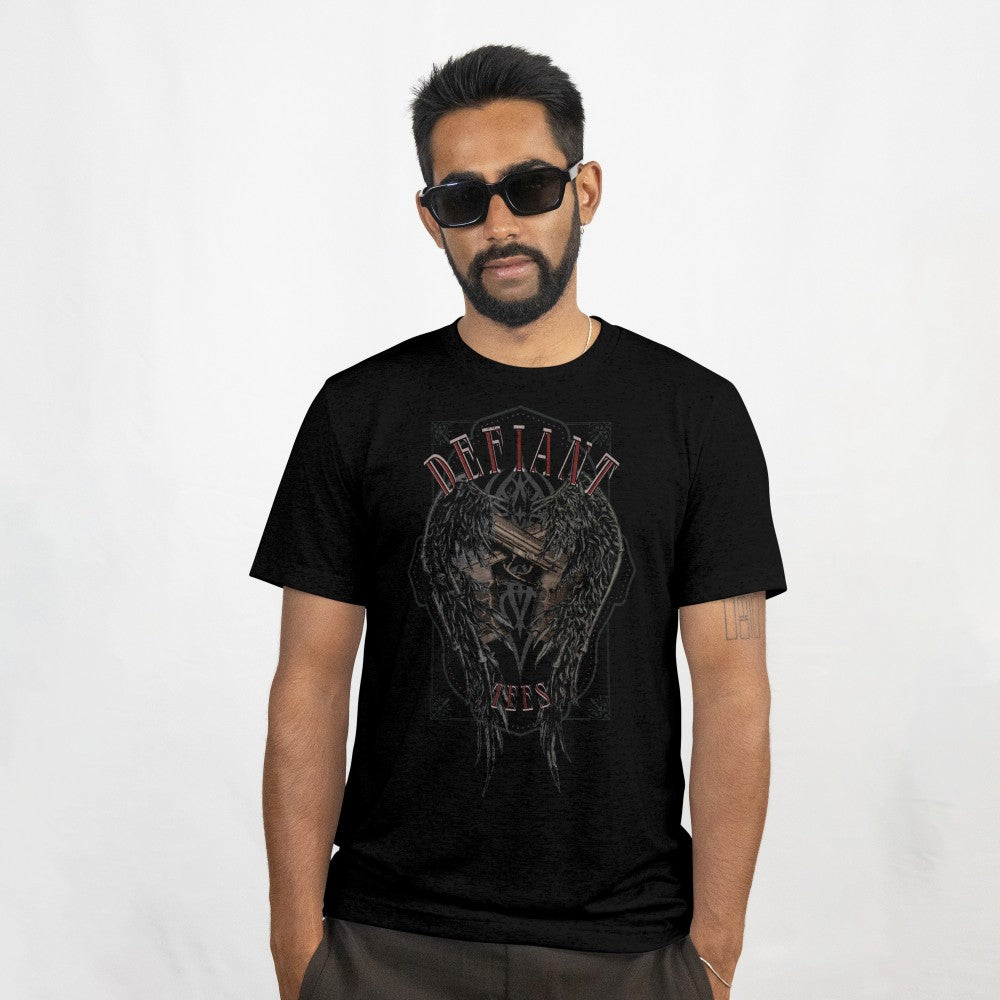 Man wearing Defiant 9mm with angel wings tshirt