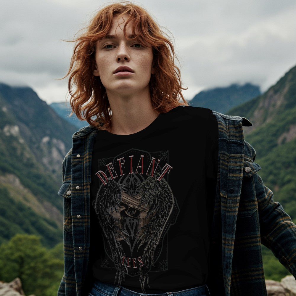 Woman wearing Defiant 9mm with angel wings t-shirt