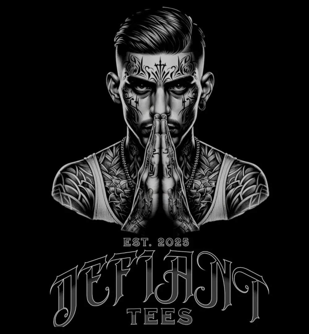 Tattooed praying hands design graphic, raw artwork file showing detailed tattoo illustration for t-shirt printing