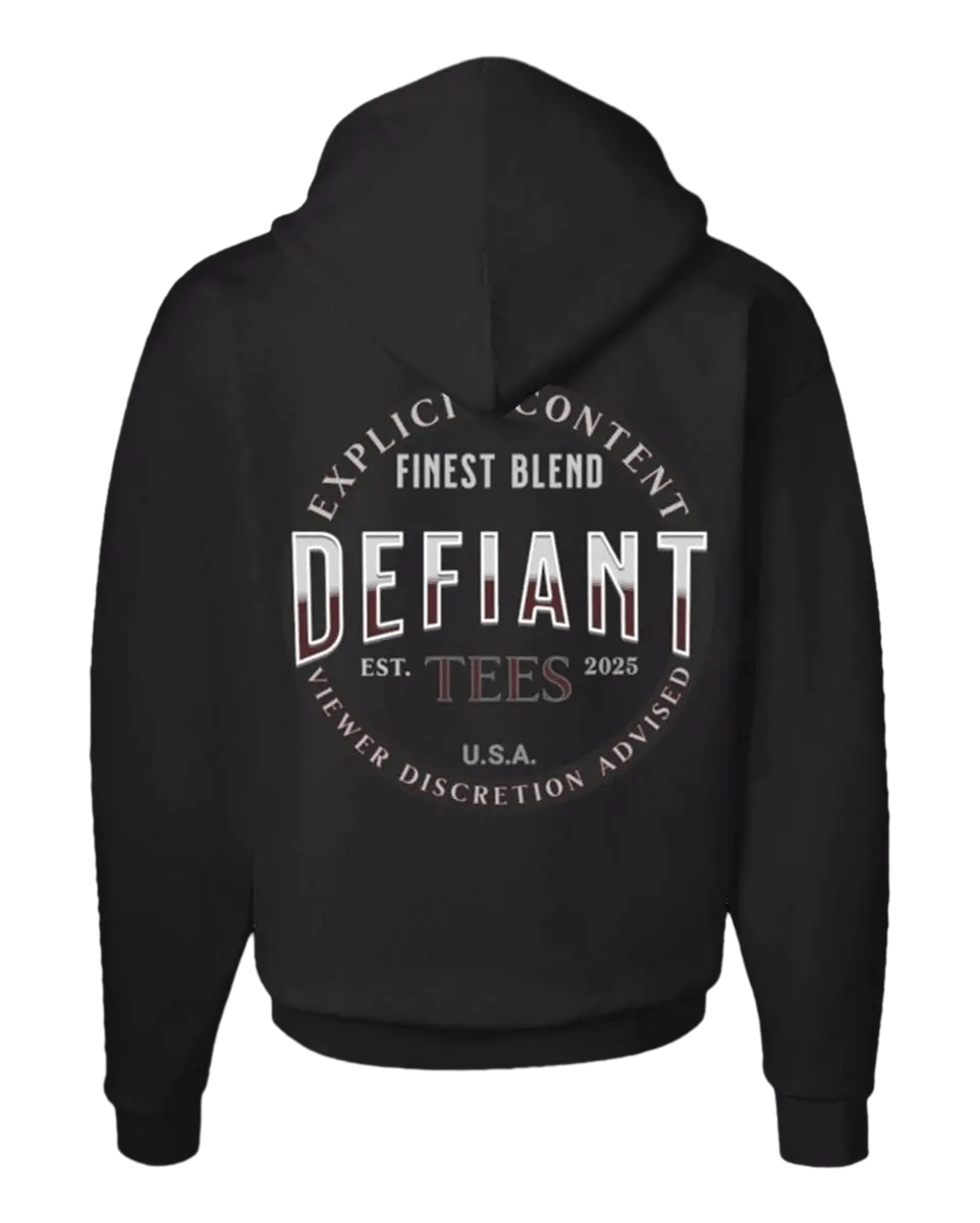 Black Official Defiant Hoodie with Defiant logo on back. Available in big&tall sizes.