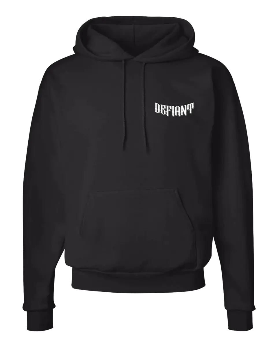 Front of black defiant hoodies with Defiant branding on the top left.