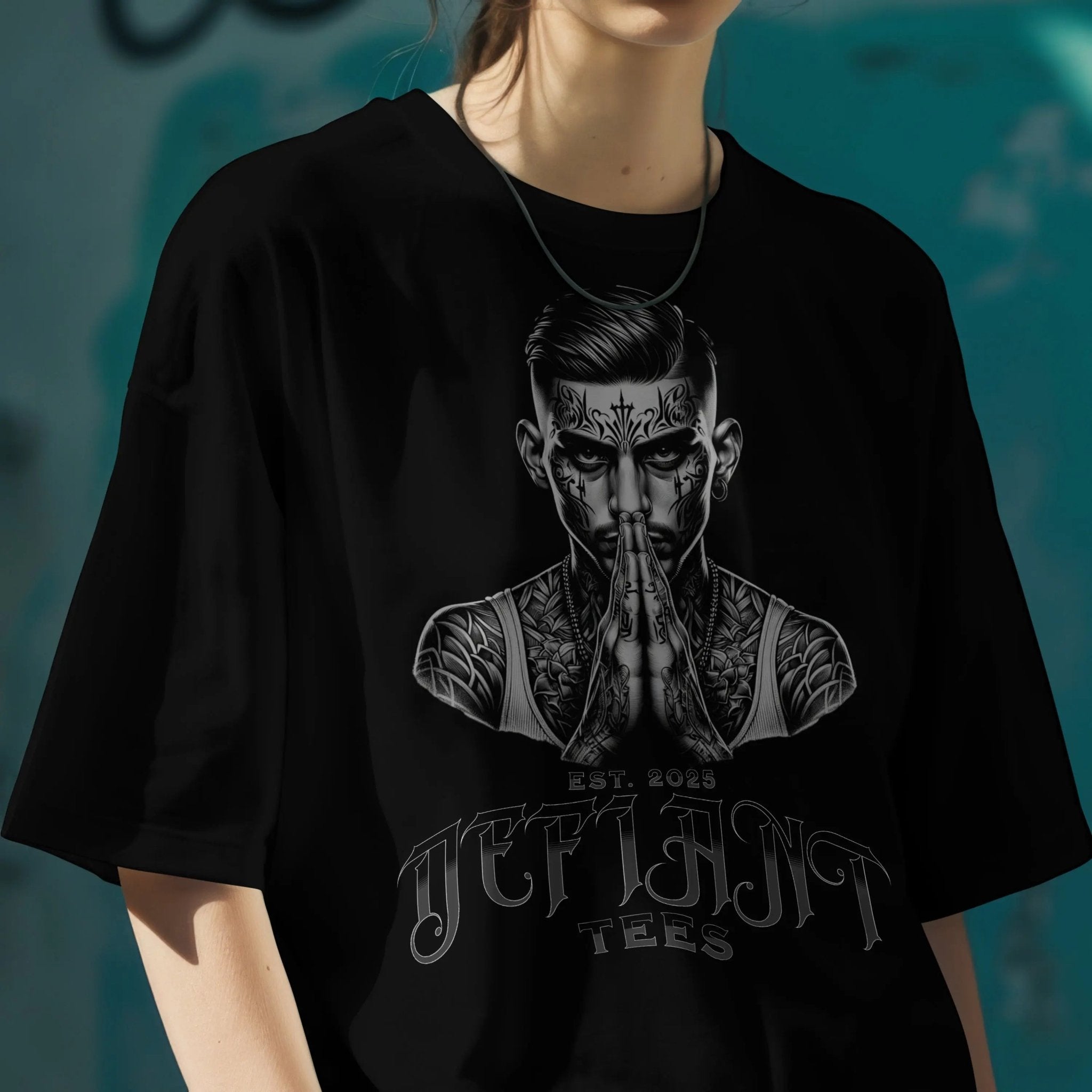 woman wearing defiant tattoo tshirt front