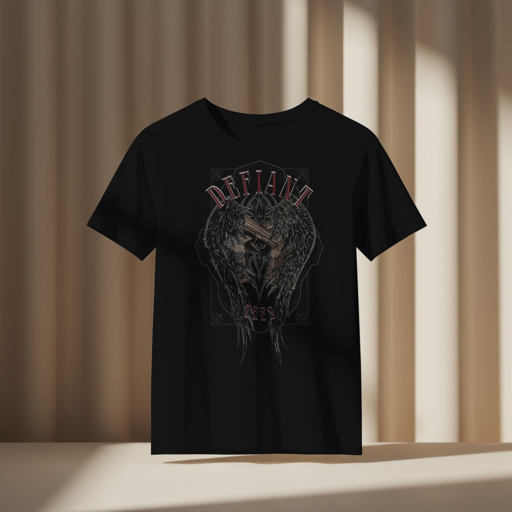 Defiant 9mm with angel wings tshirt design, front