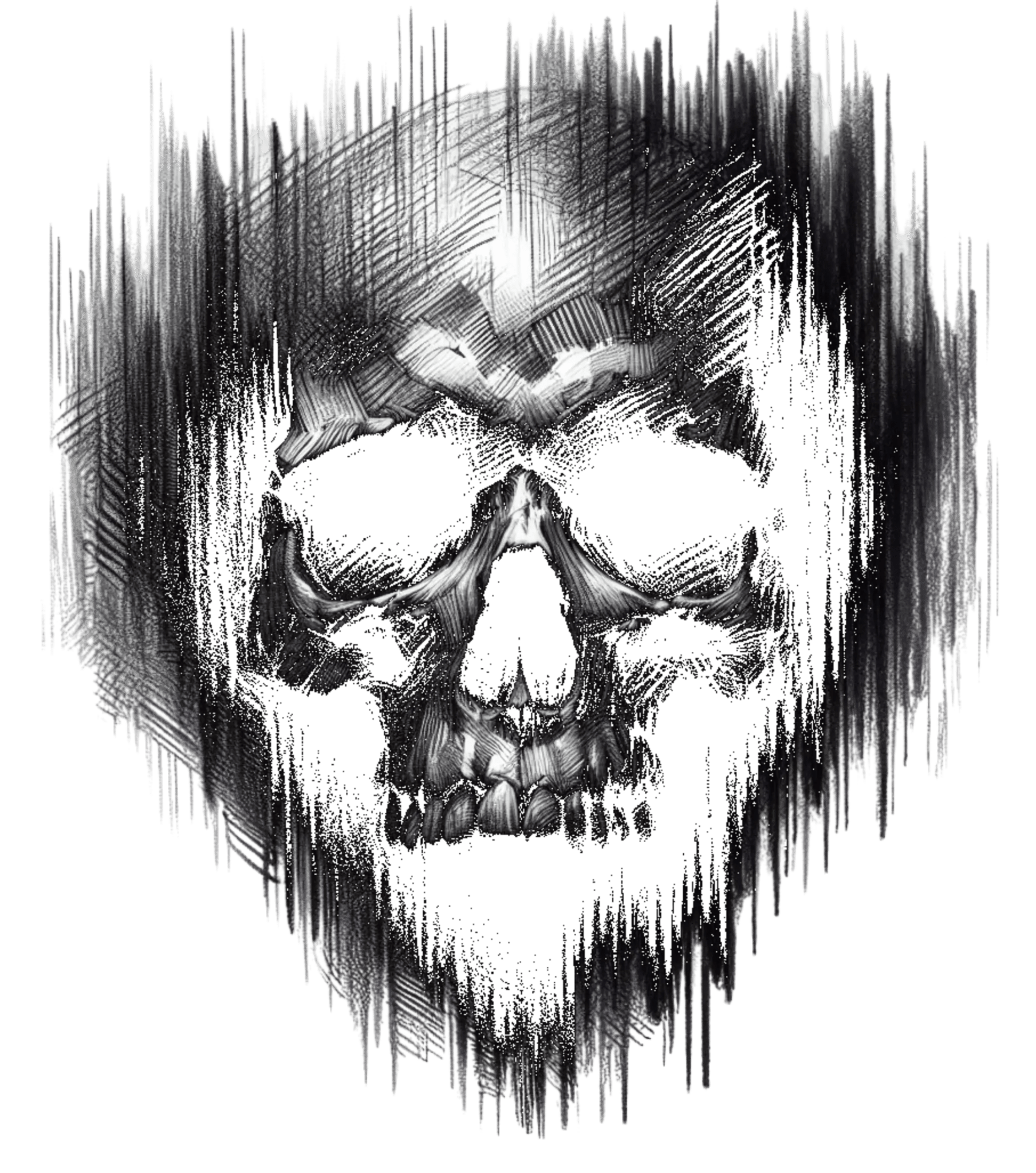 Detailed skull sketch design graphic, raw gothic artwork file for t-shirt printing