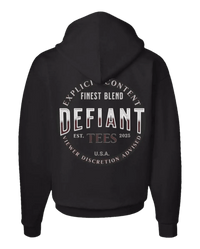 Black Official Defiant Hoodie with Defiant logo on back.  Available in big&tall sizes.