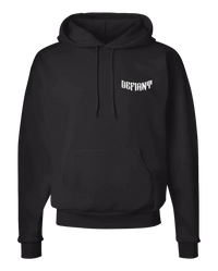 Front of black defiant hoodies with Defiant branding on the top left.